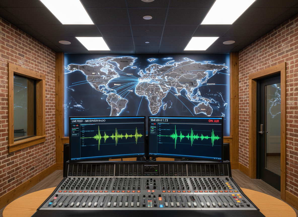 A large, ultra-detailed world map display dominating a wall in a Nashville radio control room, with precise lines of light connecting Nashville to major cities across every continent. In the foreground, a professional broadcast mixing desk and dual 4K monitors show live audio waveforms labeled “LIVE FEED – MESSENGER RADIO.” The room features subtle country-modern touches like reclaimed wood trim and exposed brick. Balanced cool-white overhead lighting and the glow from screens create a focused, mission-control ambiance. Photographic realism, captured from a slightly elevated angle with sharp focus throughout, emphasizing global reach, coordination, and nonstop live transmission.